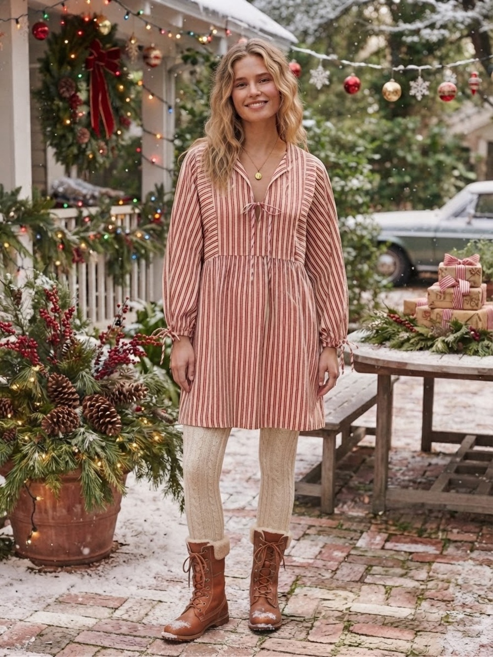 FRNCH Striped Long-Sleeve Babydoll Tunic Top - Red Stripe